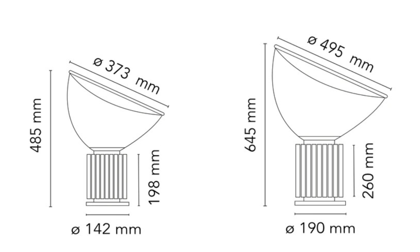 Diagrama de dimensiones del producto para lámpara de mesa de vidrio invertida.