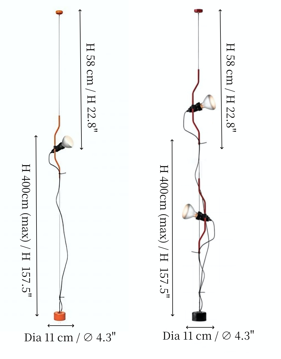 In hoogte verstelbare standaard Vloerlamp maatdiagram