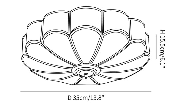 Diagramma delle dimensioni di 3 teste per plafoniera da incasso in vetro a forma di fiore