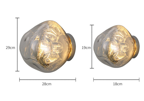 Maatdiagram voor lavawandlampen met een diameter van 18 cm en 28 cm.