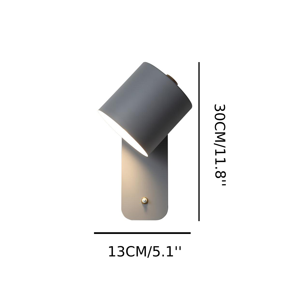 Afmetingendiagram voor een draaibare cilindervormige wandlamp, diameter 13 cm x hoogte 30 cm