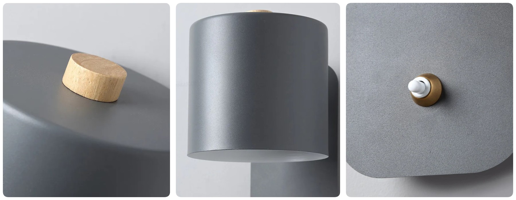 Detailopnamen van de afwerking en het bevestigingsmateriaal van de draaibare cilindervormige wandlamp.