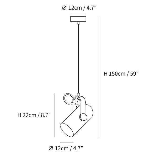 Afmetingen van de Carronade hanglamp: schema met kap, hoogte, kabel en plafondplaat.
