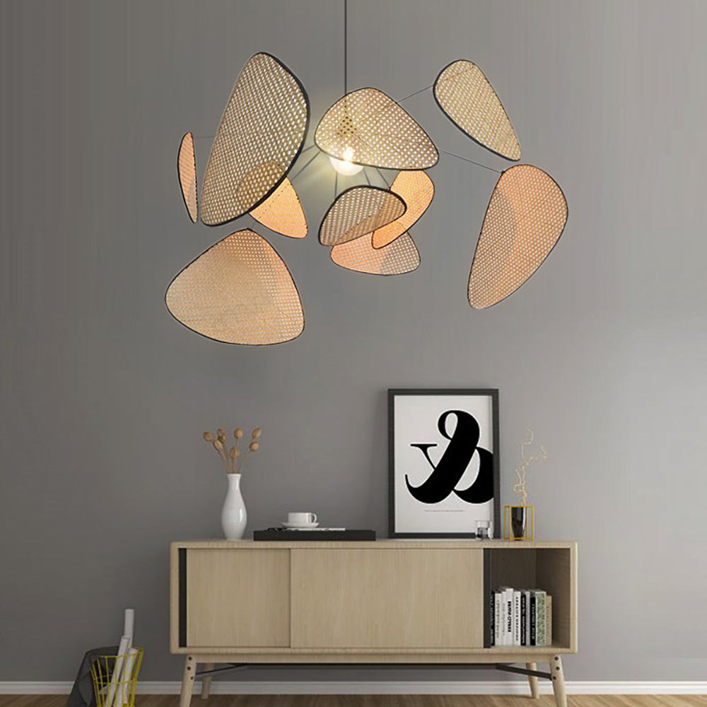 Decorative rattan pendant light shown in a styled interior