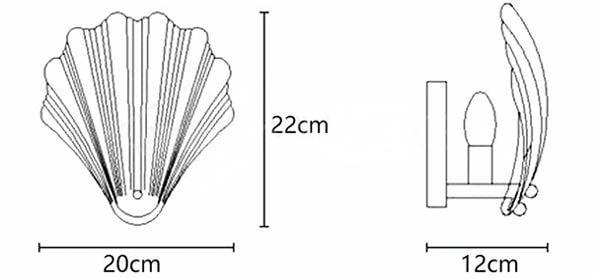 Diagrama de dimensiones de la lámpara de pared Oceanic Glass Shell que muestra medidas de 20 cm, 22 cm y 12 cm.
