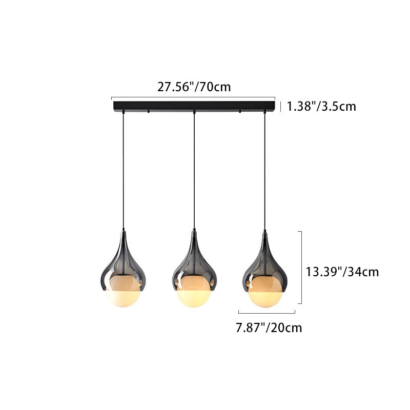 Maatdiagram voor een lineaire hanglamp met drie lampen in waterdruppelvorm.