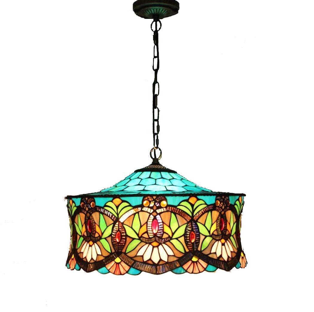 Volledige productweergave van de kleurrijke Tiffany cilinderkroonluchter van gebrandschilderd glas.
