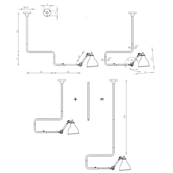 Schéma des dimensions de l'applique plafonnier Lampe Gras modèle G 50 cm