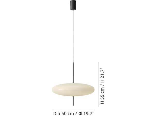 Afmetingen van een moderne ovale hanglamp: diagram met diameter en hoogte.