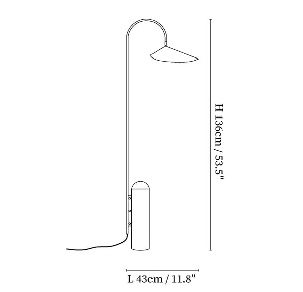 Maatdiagram voor de vloerlamp met marmeren voet en conische kap.