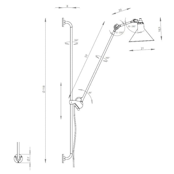 Schéma des dimensions de l'applique Lampe Gras modèle E 118 cm
