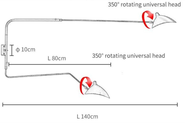 Schéma dimensionnel pour applique murale orientable à deux têtes