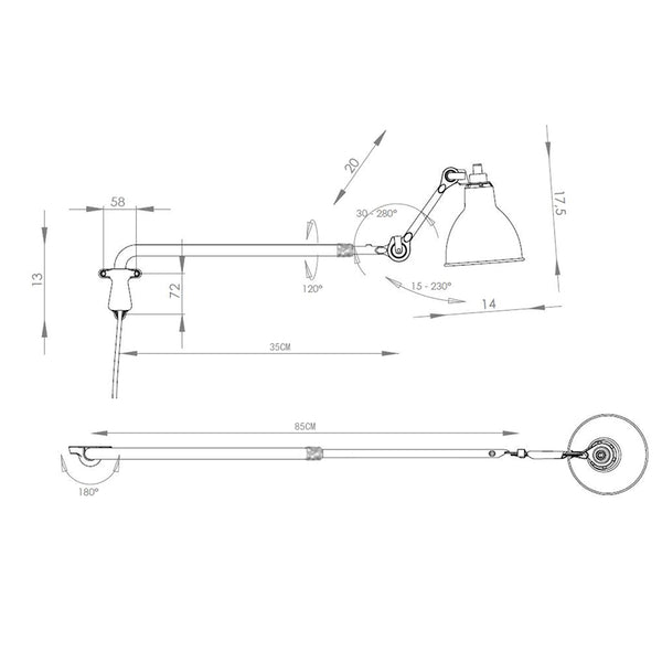 Schéma des dimensions de l'applique plafonnier Lampe Gras modèle D 85 cm