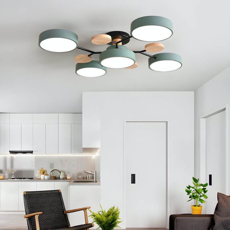 Plafondlamp met Scandinavische takken in een open keuken-woonkamer