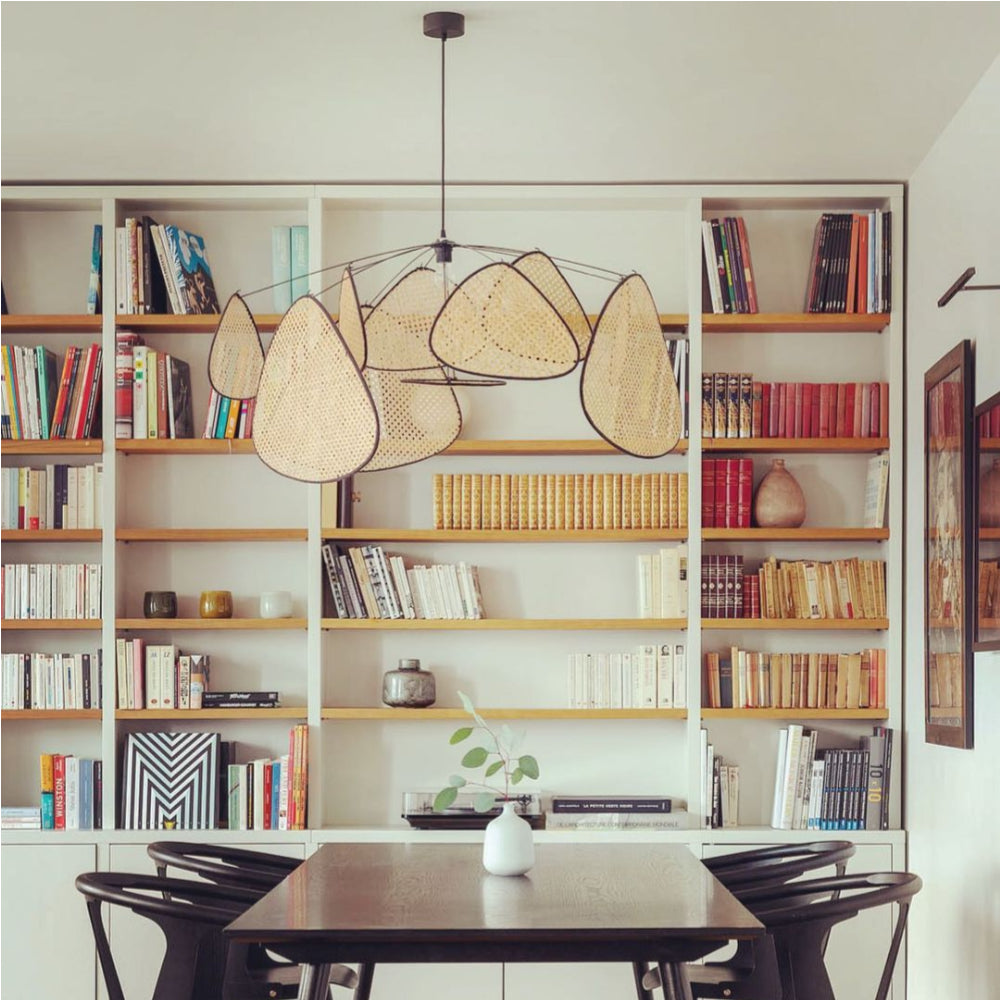 Wide view of rattan pendant light in a room setting