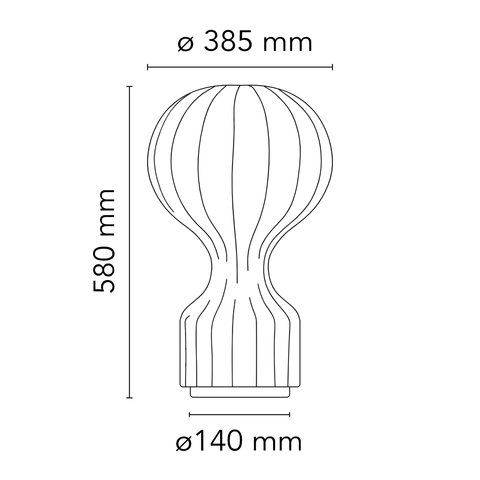 Afmetingendiagram voor de tafellamp in de vorm van een heteluchtballon (diameter 38,5 cm x hoogte 58 cm).