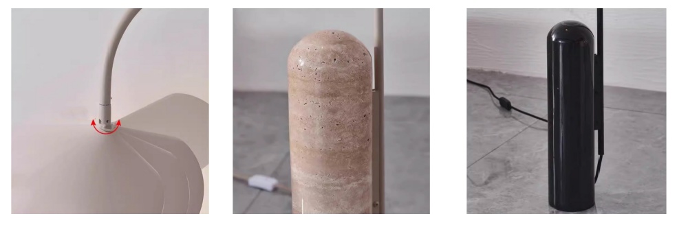 Detailweergaven van de lampenkap, snoeraansluiting, marmeren voet en afwerking.