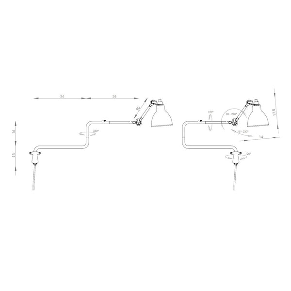 Schéma des dimensions de l'applique plafonnier Lampe Gras modèle F 36 cm
