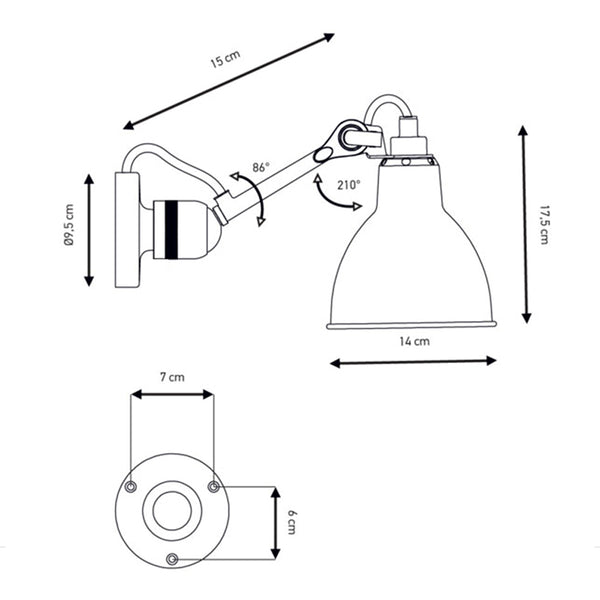 Schéma des dimensions de l'applique Lampe Gras modèle A 15 cm