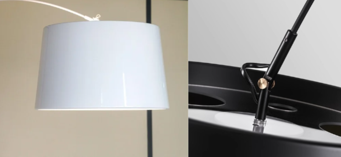 Collage détaillé en gros plan de l'abat-jour et du système de réglage du lampadaire Atmospheric Slim