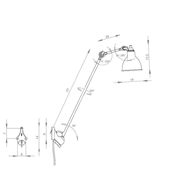 Schéma des dimensions de l'applique plafonnier Lampe Gras modèle B 59 cm