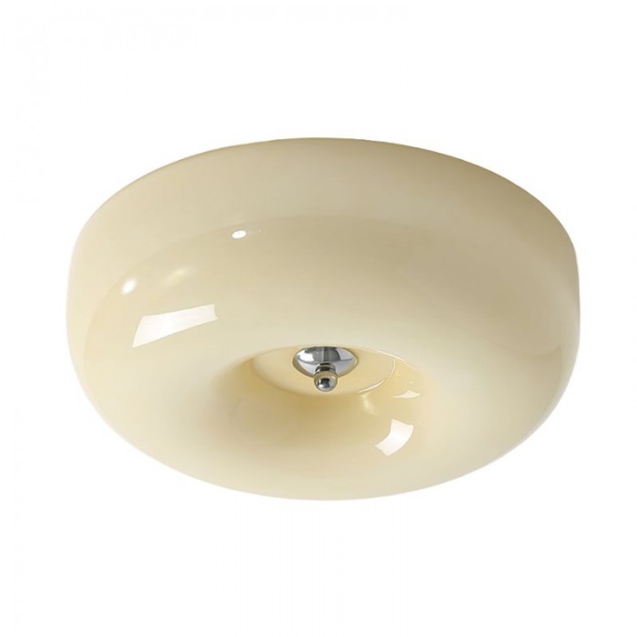 Productoverzicht van een ronde plafondlamp van melkwit glas