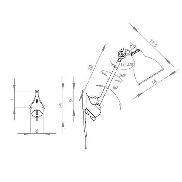 Schéma des dimensions de l'applique plafonnier Lampe Gras modèle A 20 cm