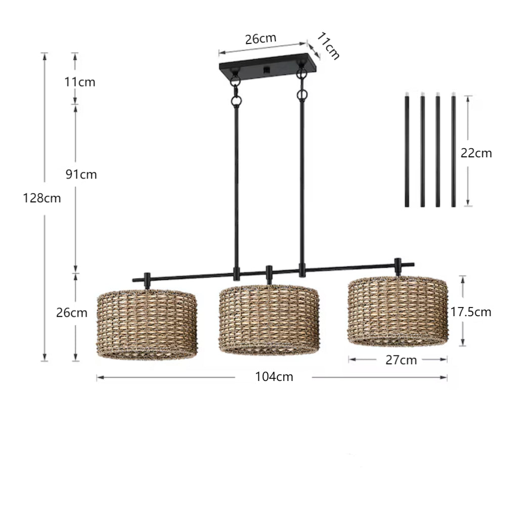 Sienna gevlochten rotan hanglamp met 3 lampen in boerderijstijl