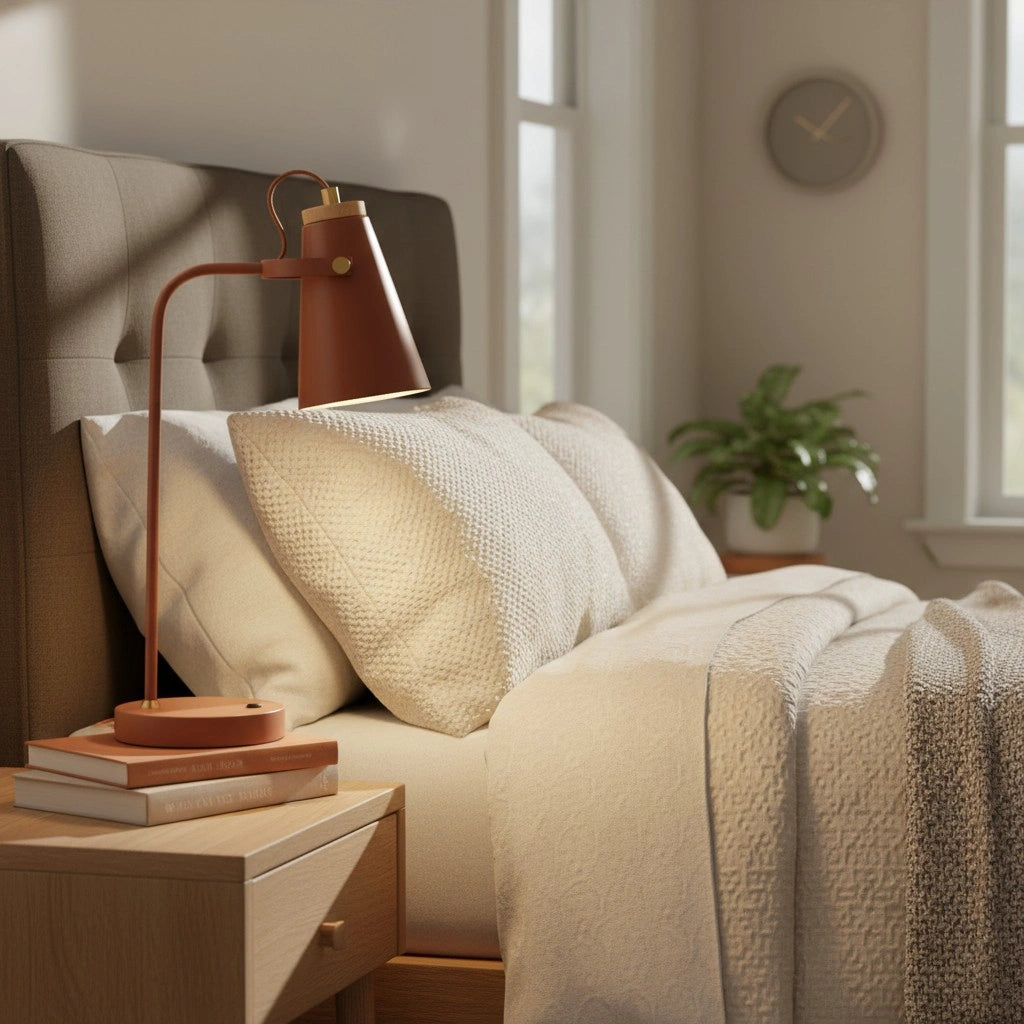 Hilda metalen tafellamp naast een bed