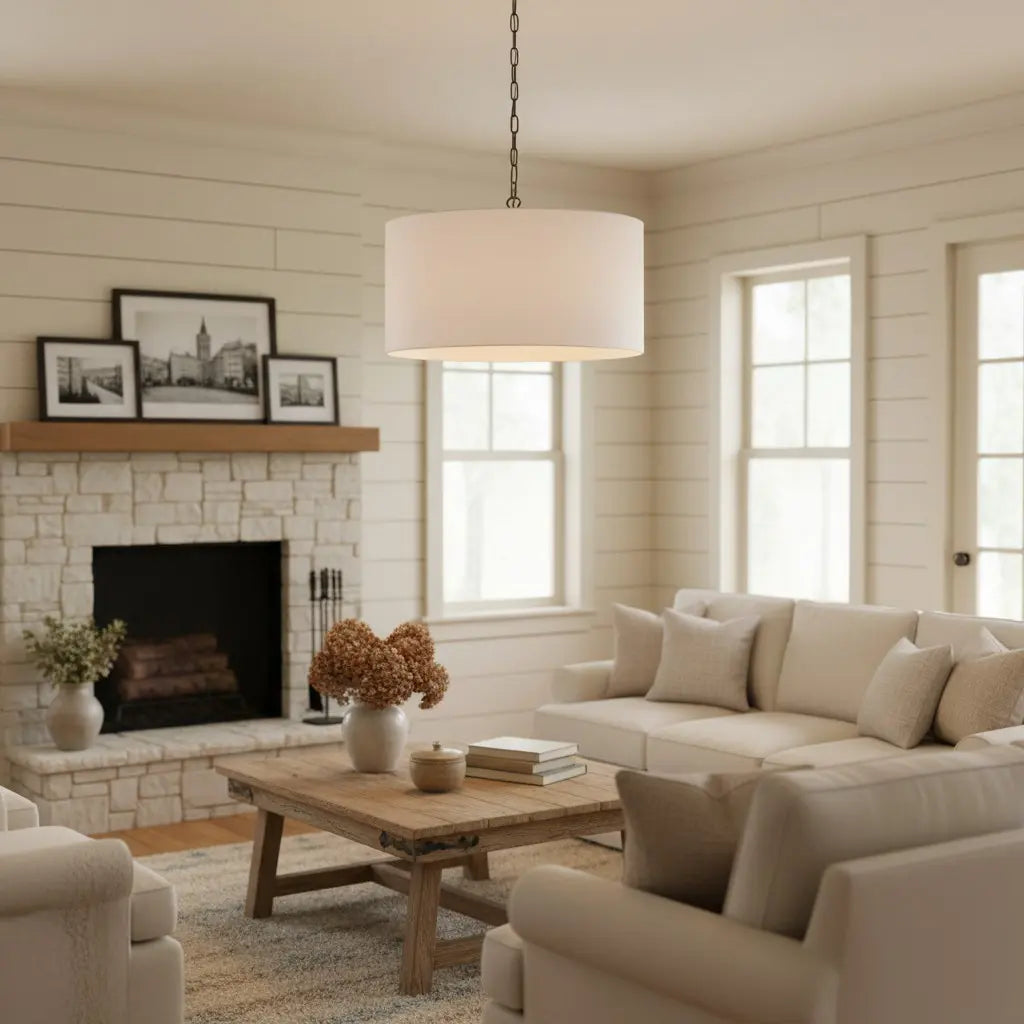 Lampe suspendue tambour en lin Mirenna Modern Farmhouse8.webp__PID:a6893c4e-44bb-4d33-8dfb-fd2ee3205e3a
