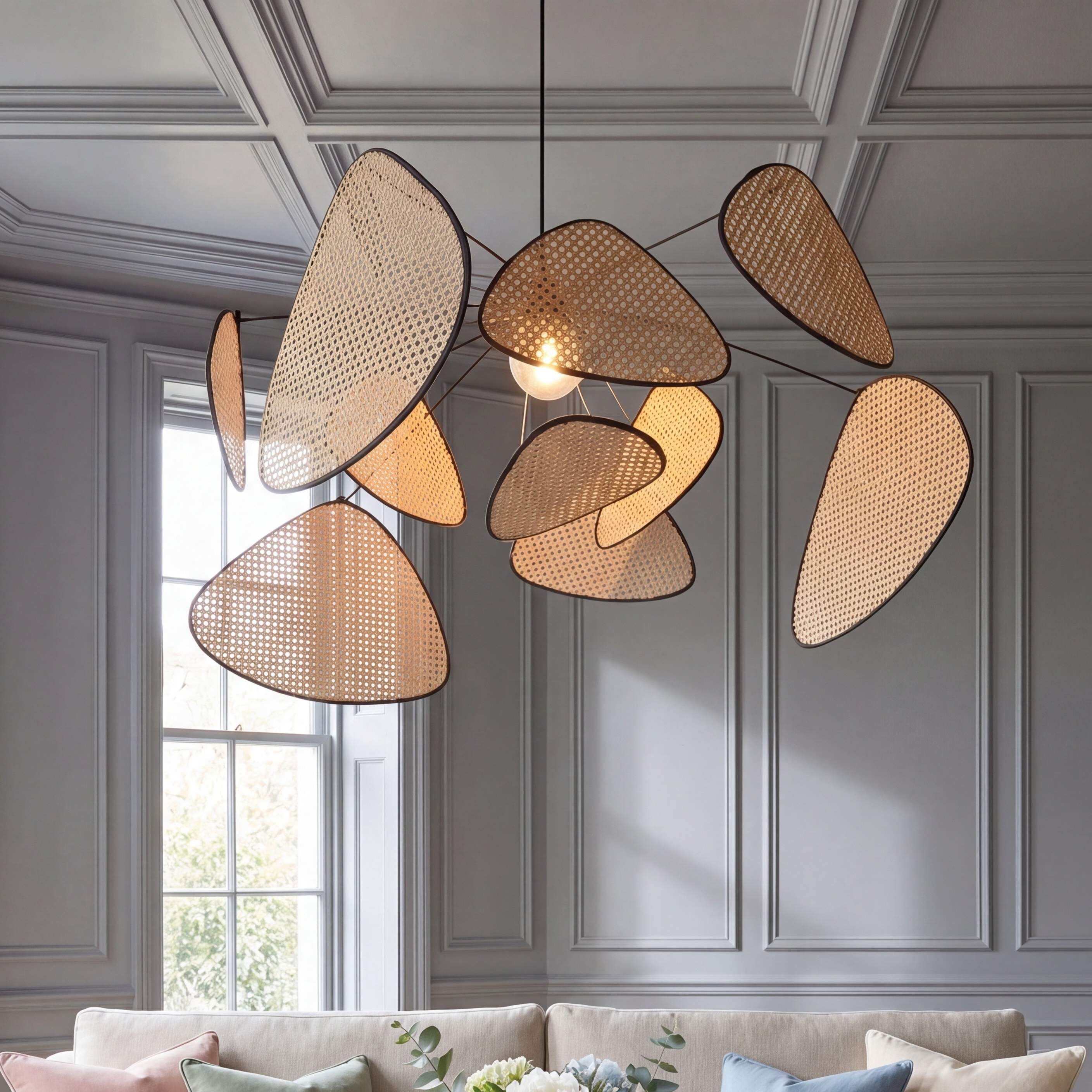 Close view of the pendant light's natural woven cannage screen