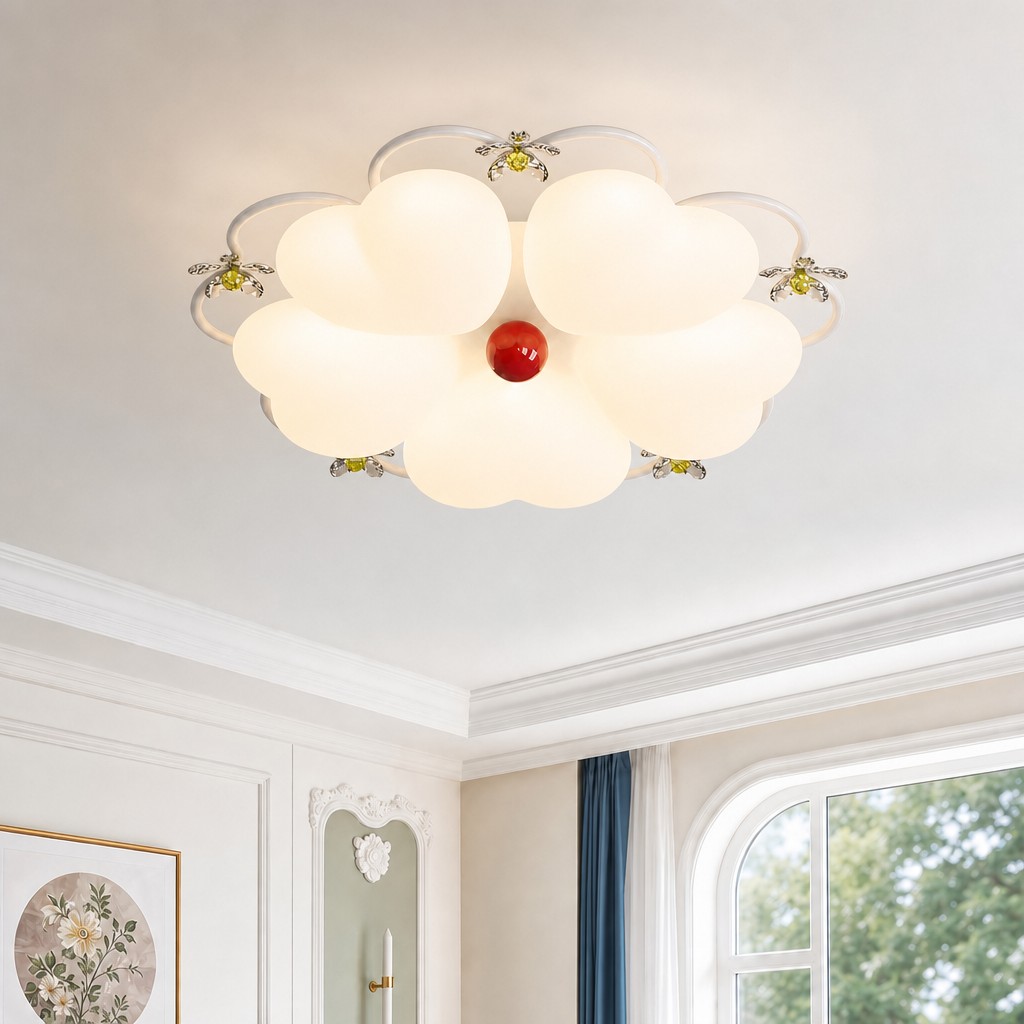 Lampada da soffitto accesa installata in un angolo della camera da letto.