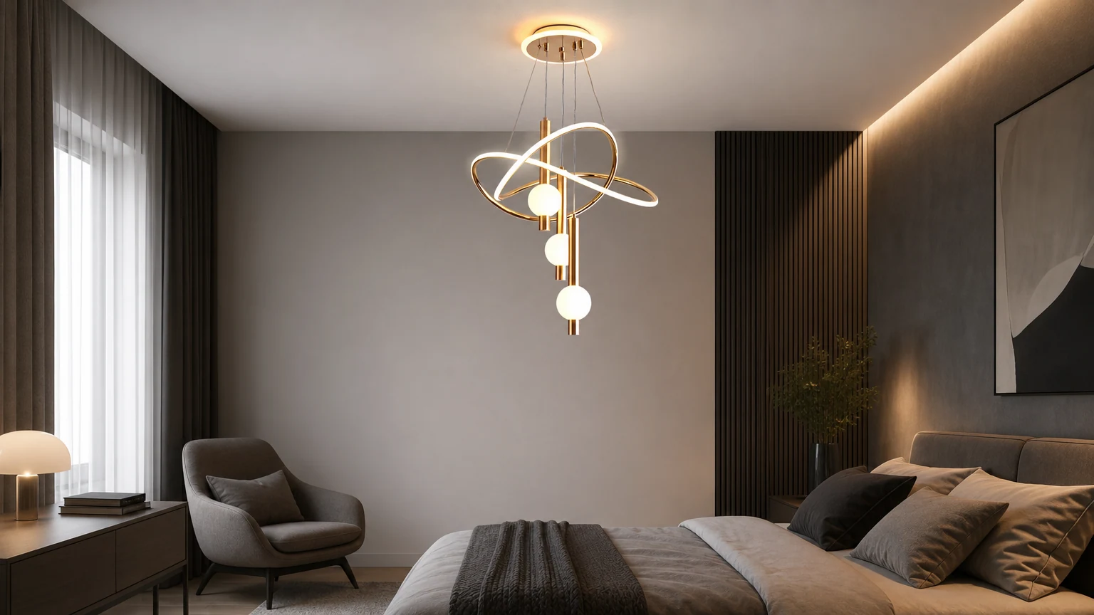Lampadario a LED contemporaneo in stile scandinavo, con forma cilindrica e sferica, in una camera da letto.