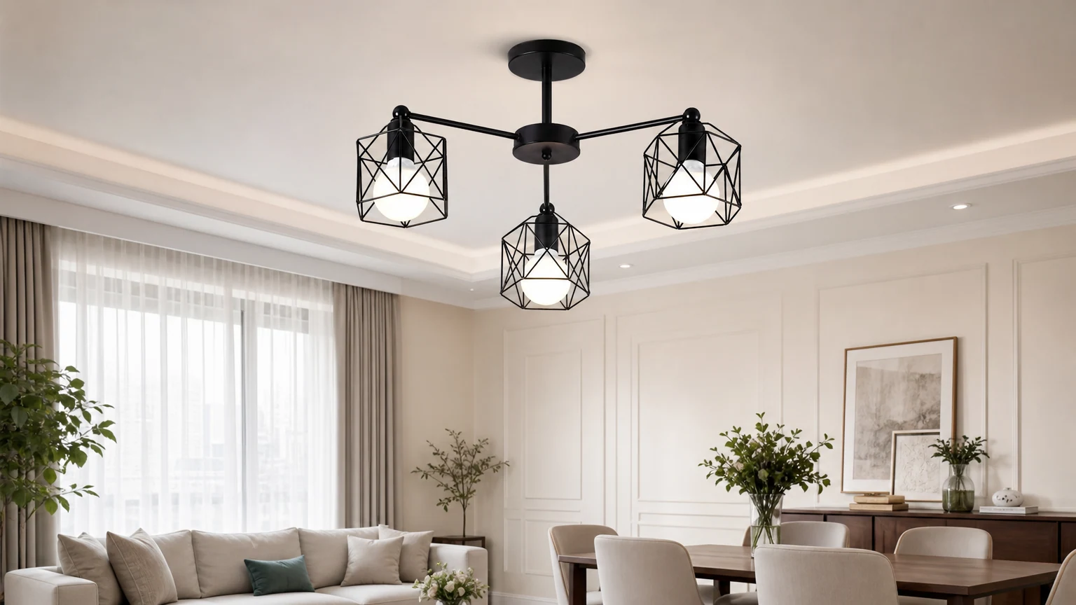Zwarte zeshoekige ijzeren plafondlamp met halfverzonken montage in een woonkamer.