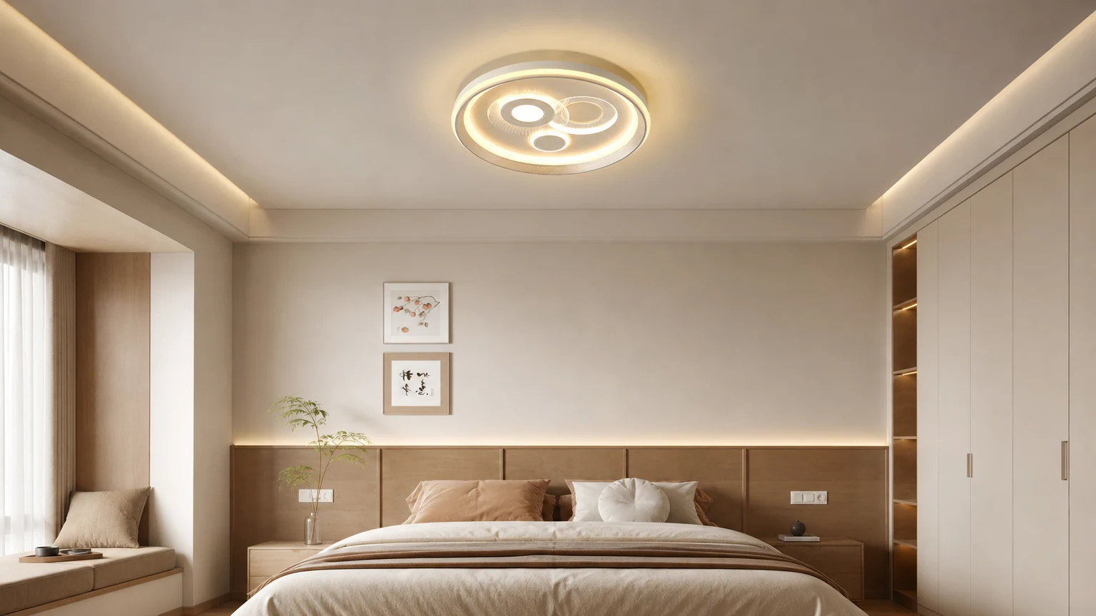 Plafoniera a LED rotonda dal design geometrico contemporaneo installata in una camera da letto.