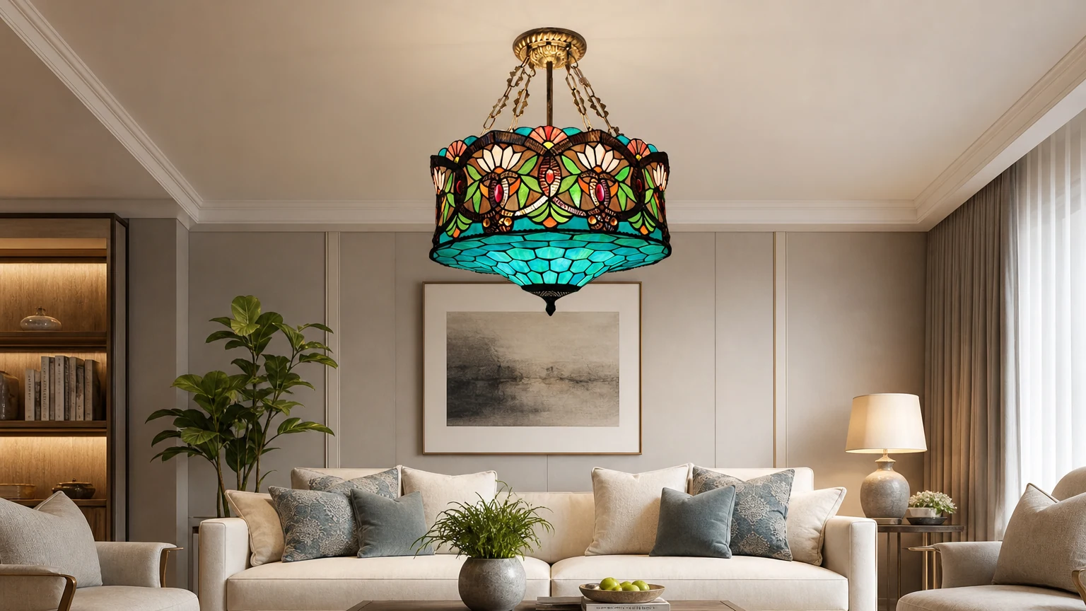 Een Tiffany lotusvormige kroonluchter met gebrandschilderd glas en drie lampen, afgebeeld in een woonkamer.