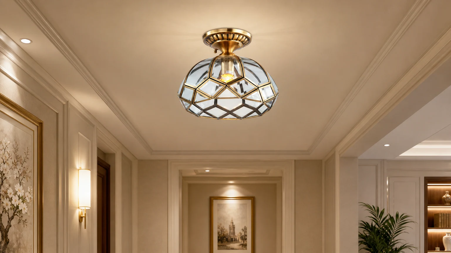 Halbeinbau-Deckenleuchte aus Goldkupfer und Glas, installiert in einem warmen Interieur