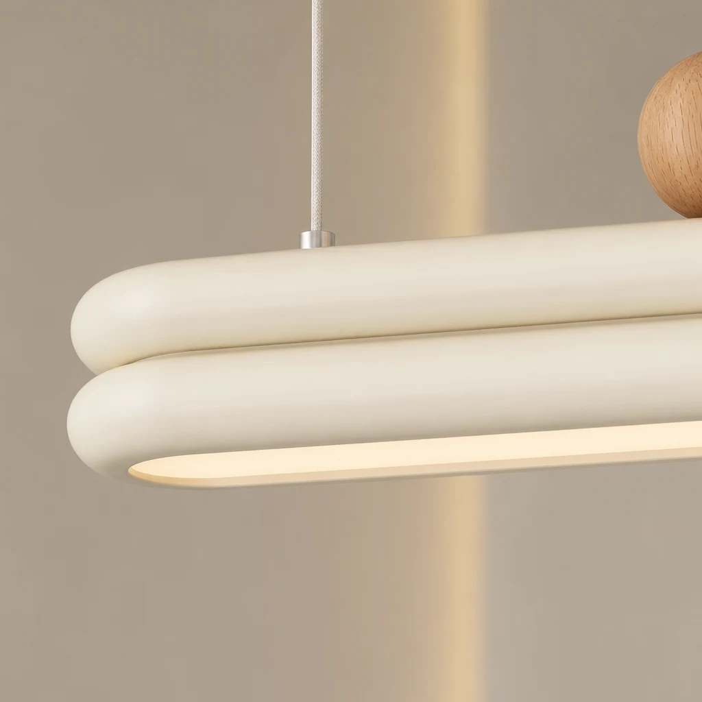 Gros plan sur le corps du lustre montrant la forme et la finition du matériau des LED superposées