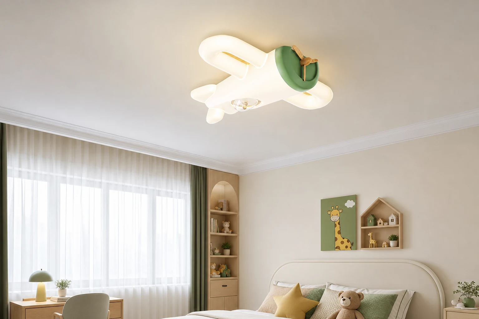 Scena di una stanza in stile lifestyle con plafoniera a LED a forma di aereo.