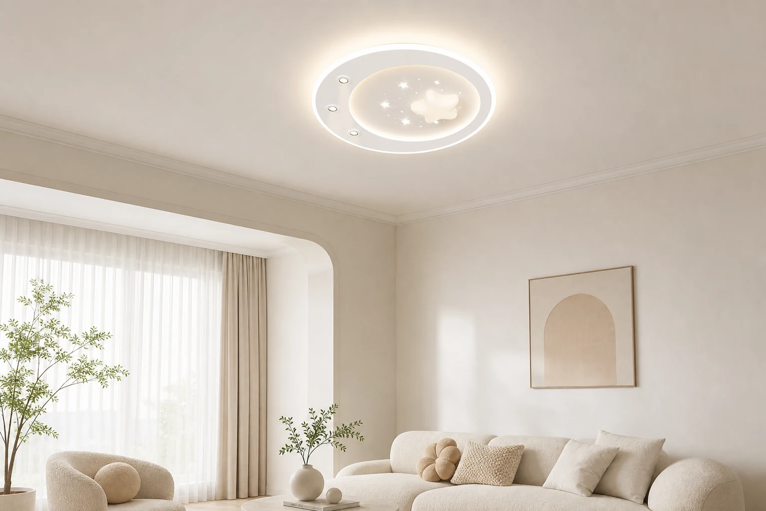 Scena di vita quotidiana che mostra la plafoniera a LED a forma di stella rotonda in funzione.