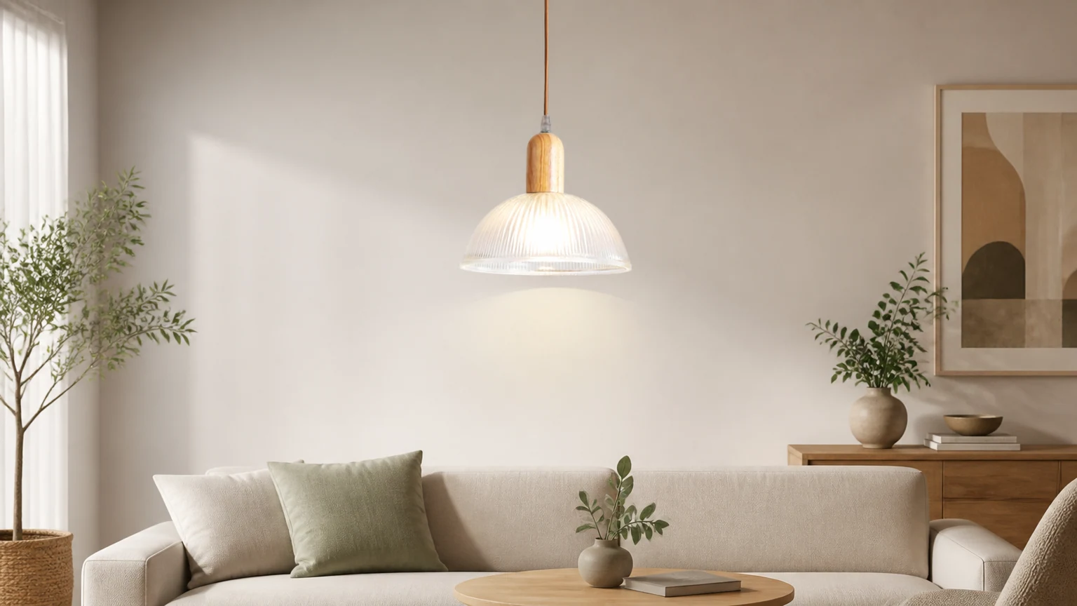 Lámpara colgante nórdica de madera y cristal en forma de cúpula en un ambiente cálido de sala de estar.