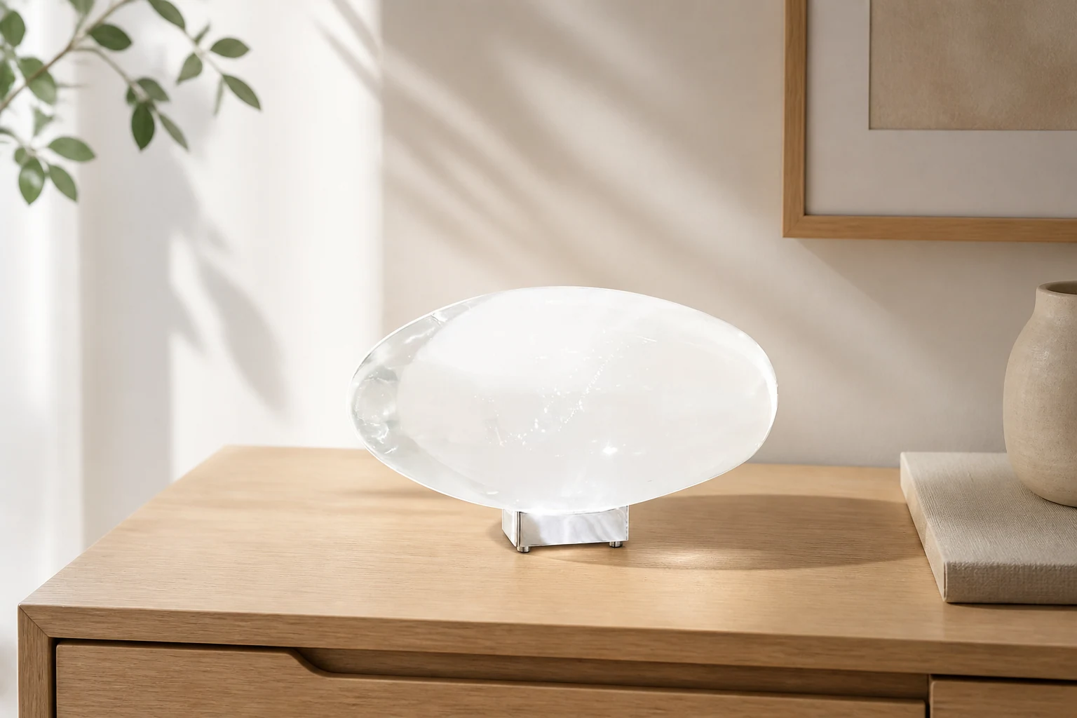 Creatieve tafellamp van kiezelkristal in een stijlvolle lifestyle-setting