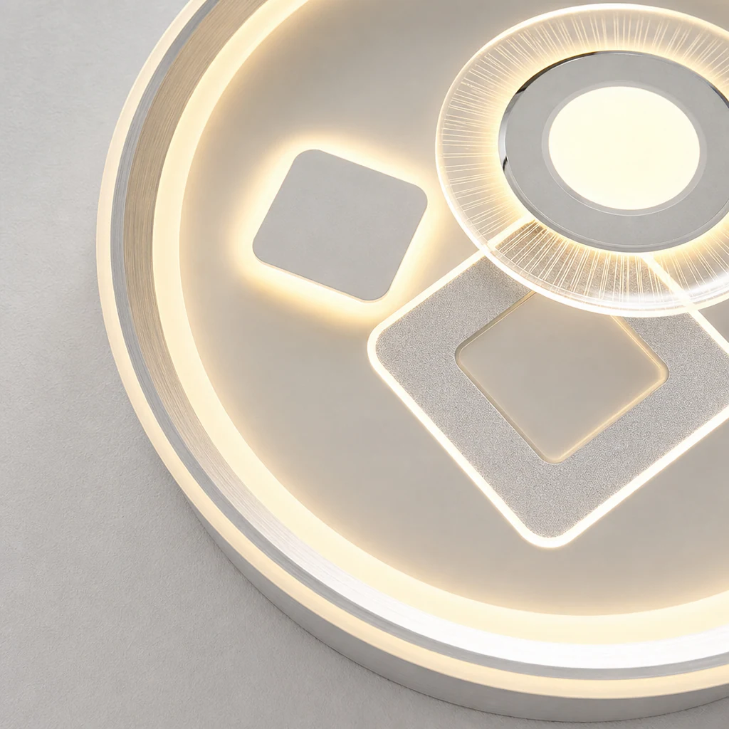 Dettaglio ravvicinato della struttura in ferro e acrilico della plafoniera geometrica rotonda a LED.