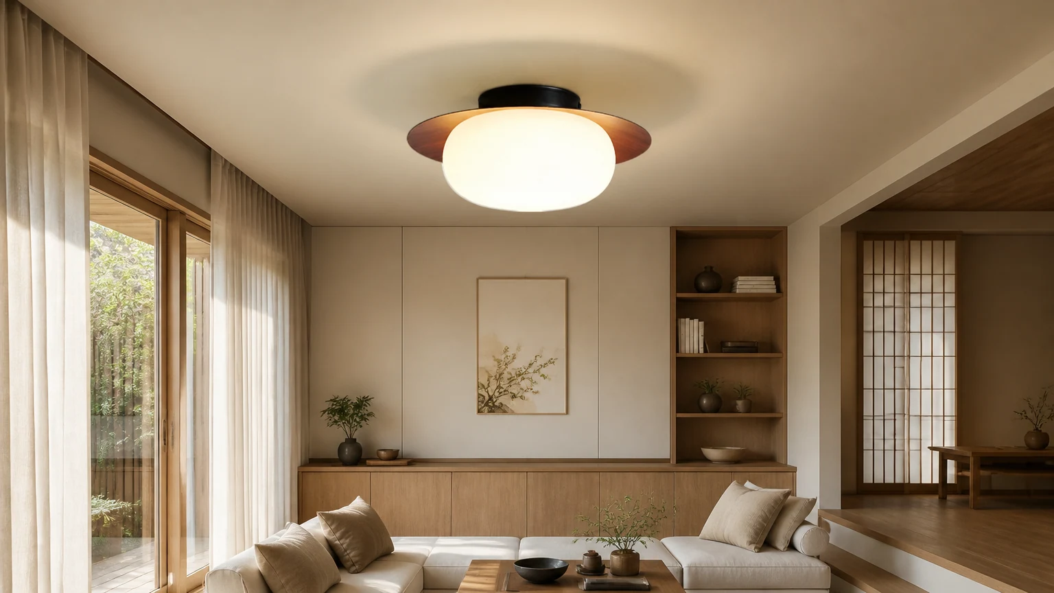 Plafoniera semi-incasso a LED rotonda tradizionale giapponese color noce installata in soggiorno.