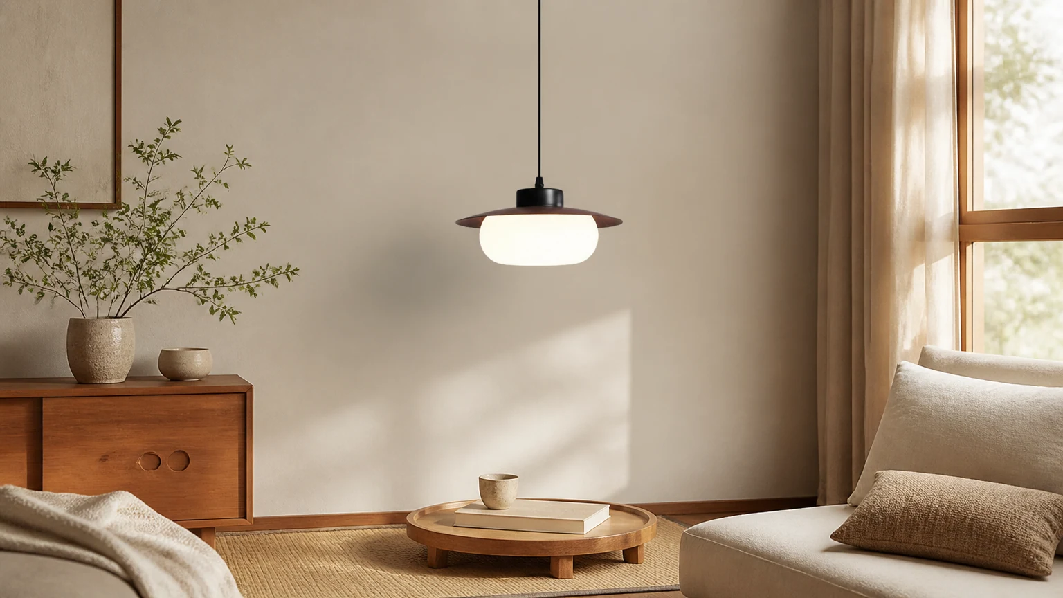 Traditionelle japanische runde LED-Pendelleuchte aus Walnussholz in einem warmen Raum installiert