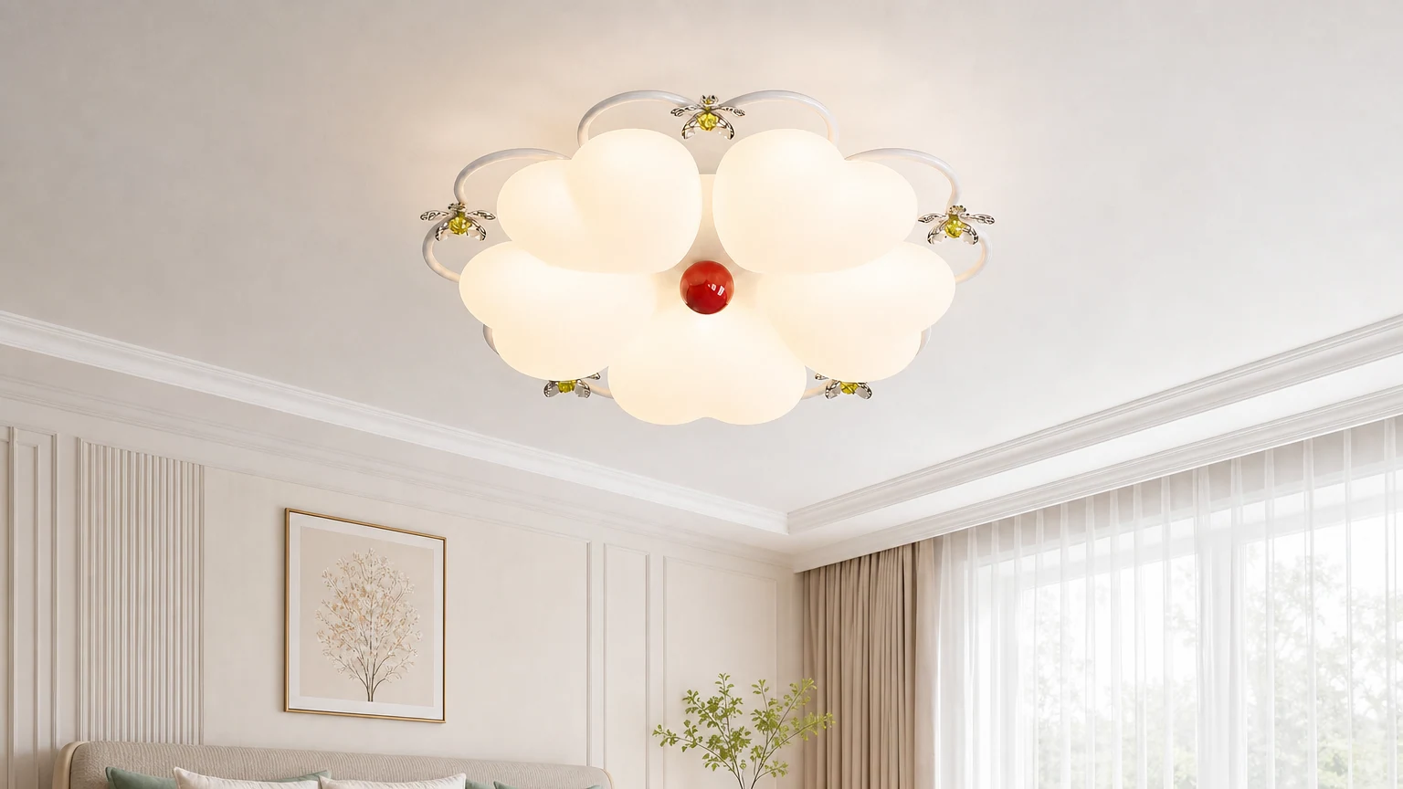 Plafoniera nordica a forma di fiore color crema installata in una camera da letto