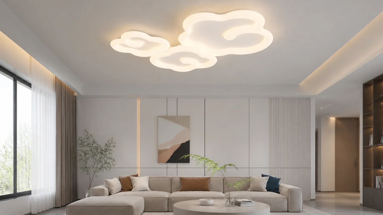 Plafoniera a LED a forma di nuvola installata in soggiorno