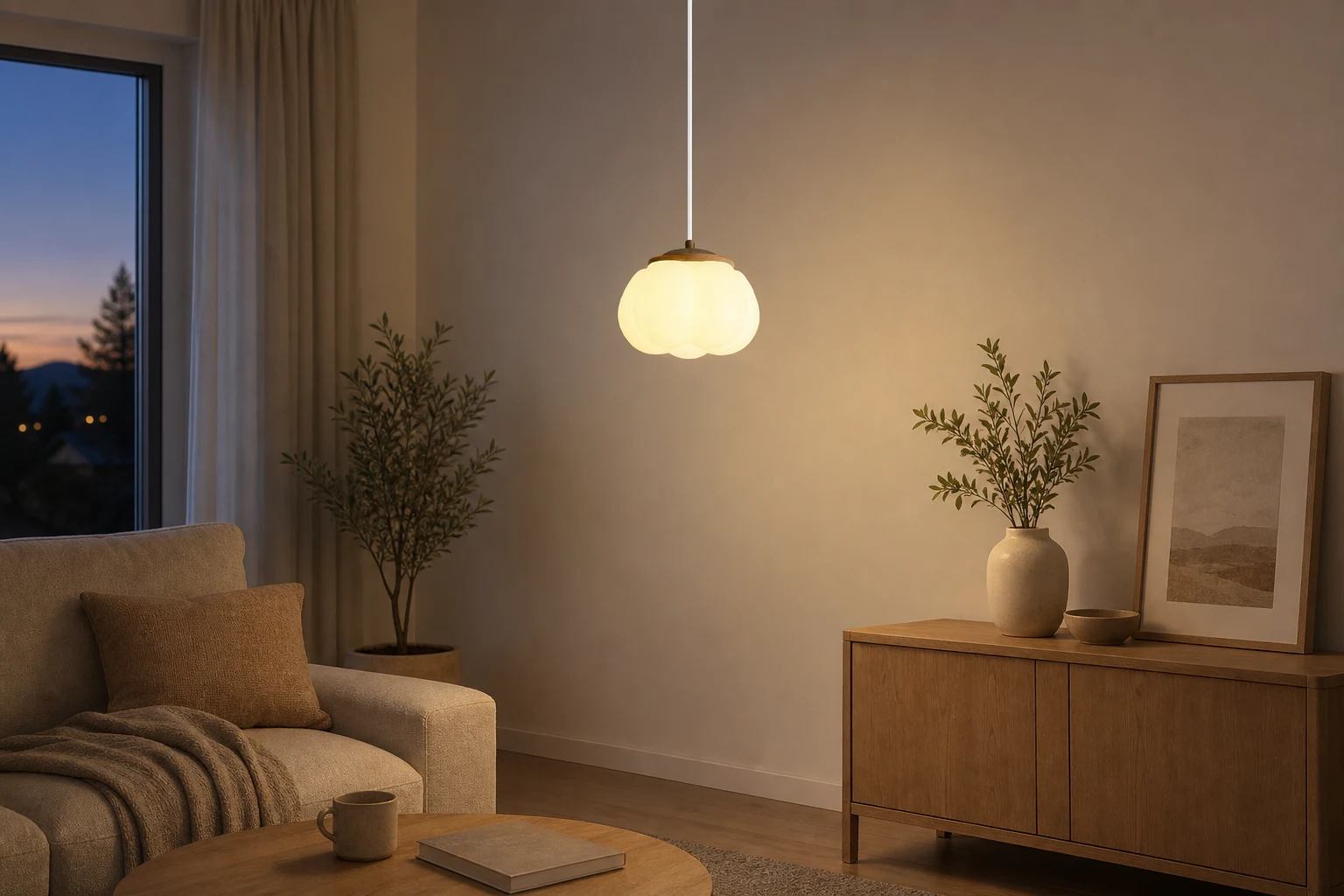 Escena de una habitación estilo de vida que muestra la lámpara colgante en contexto.