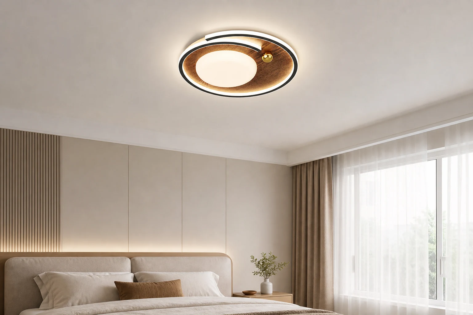 Scena di vita quotidiana con la plafoniera a LED rotonda installata in una camera da letto.