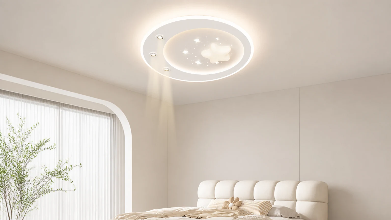 Faretto a LED rotondo a forma di stella, a incasso nel soffitto, installato in un soggiorno moderno.